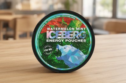 Iceberg Energy Pouches watermelon mint can on a cafe table