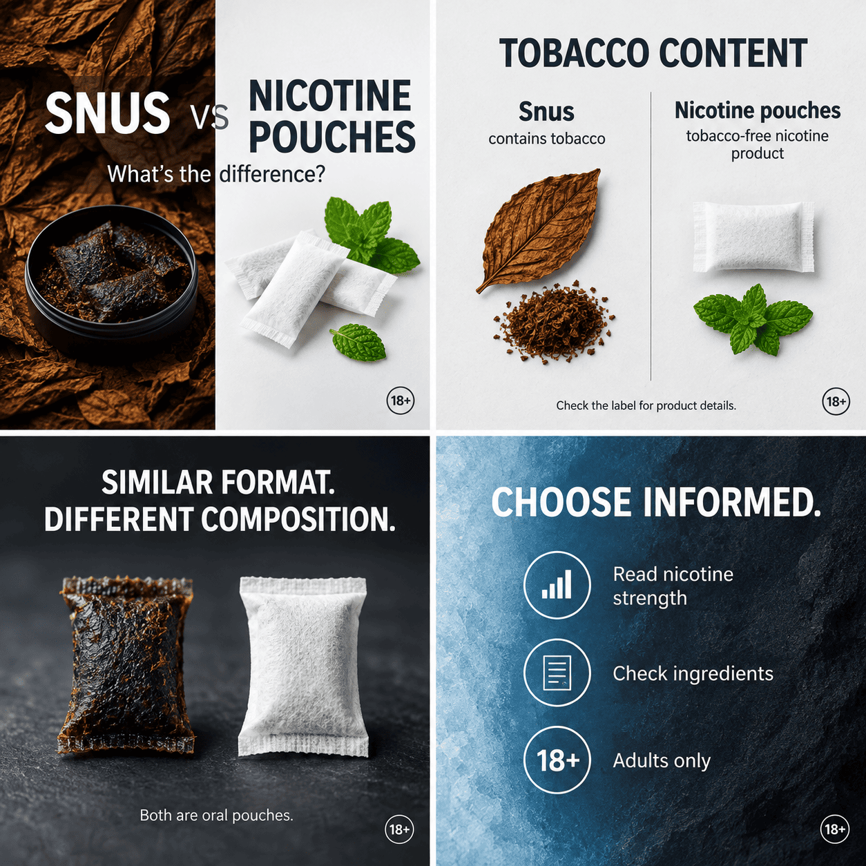 Snus beside nicotine pouches: loose tobacco and a tobacco leaf next to white tobacco-free pouches